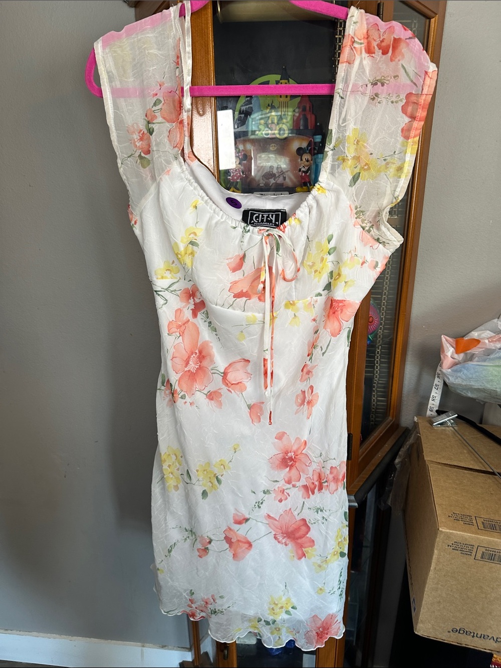 City Triangles White Midi Dress with Pink and Yellow Floral Print